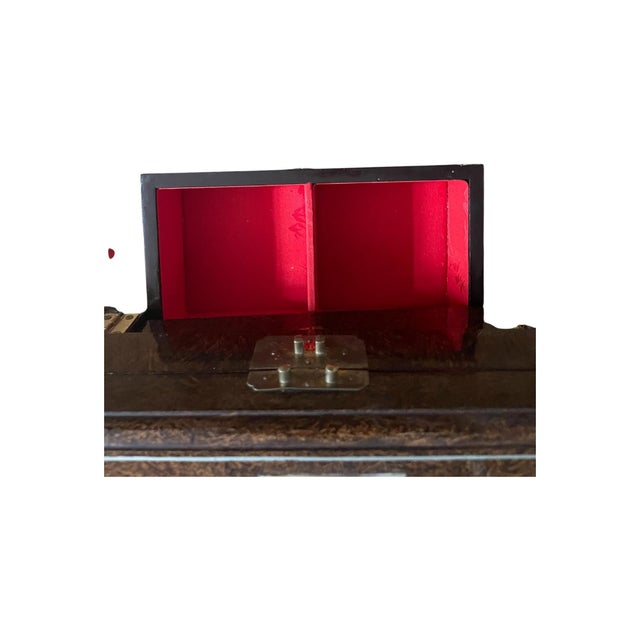 Vintage Midcentury Chinoiserie Brown Lacquer Shell Inlay Jewelry Box Cabinet For Sale - Image 12 of 15