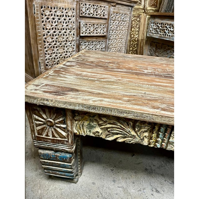 Vintage Coffee Table With Carved Legs Boho Accent Table For Sale - Image 9 of 11