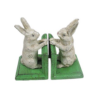 Pair Rustic White Rabbit Cast Iron Bookends For Sale