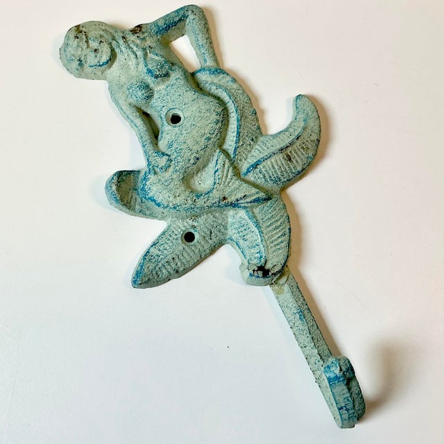 1970s 1970s Vintage Nautical Coastal Cast Iron Verdigris Mermaid Wall Hook. For Sale - Image 5 of 16