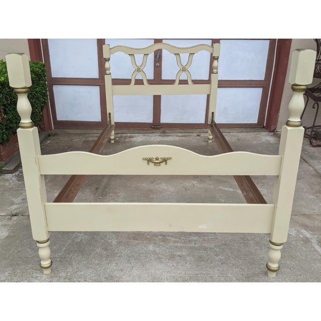 Vintage French Provincial White and Gold Twin Bedframe With X Headboard