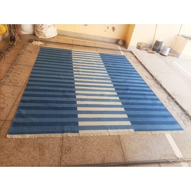 Handmade Cotton Area Rug, Natural Vegetable Dyed, Indigo Blue Striped Rug - 12'x15' For Sale - Image 10 of 13