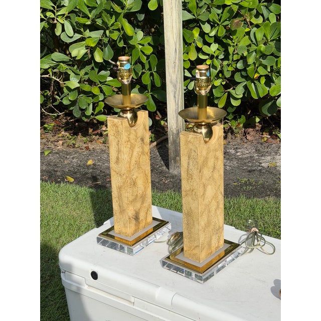 Vintage Modernist Table Lamps With Faux-Travertine Finish and Lucite Bases, a Pair For Sale - Image 4 of 13