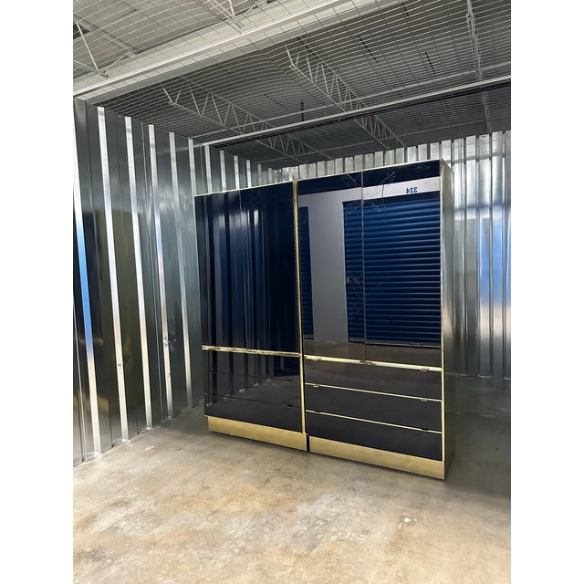 1960s Pair of Navy Blue Glass and Brass Ello Wardrobe Cabinets For Sale - Image 6 of 12