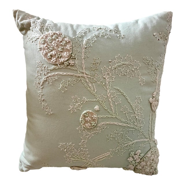 Vintage Tahari Home Embroidered Throw Pillow 15” X 15” Mint Green For Sale