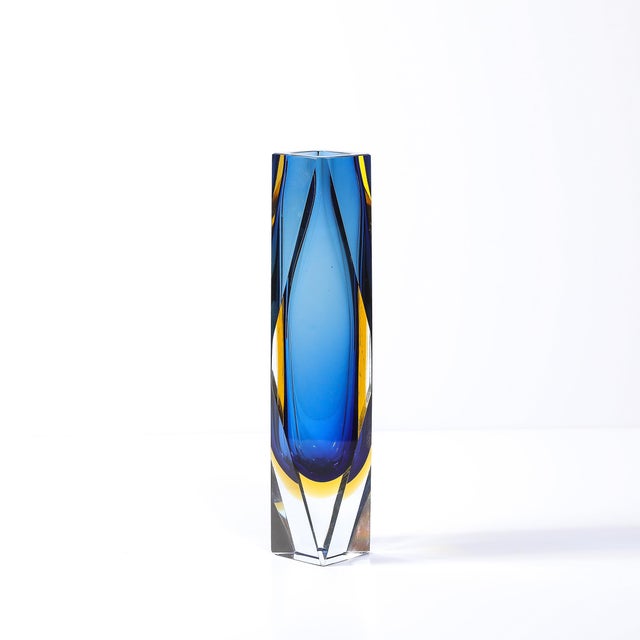 Mid-Century Mandruzzato Faceted Murano Glass Vase in Citrine and Smoked Cerulean For Sale - Image 4 of 18