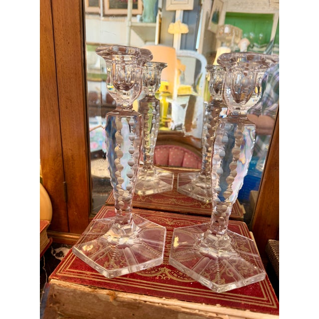Transparent Antique American Brilliant Glass Candle Holders Pair For Sale - Image 8 of 9