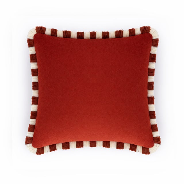 Red Bicolor Brick Velvet Cushion with Brick and White Fringes by Lo Decor For Sale - Image 8 of 8