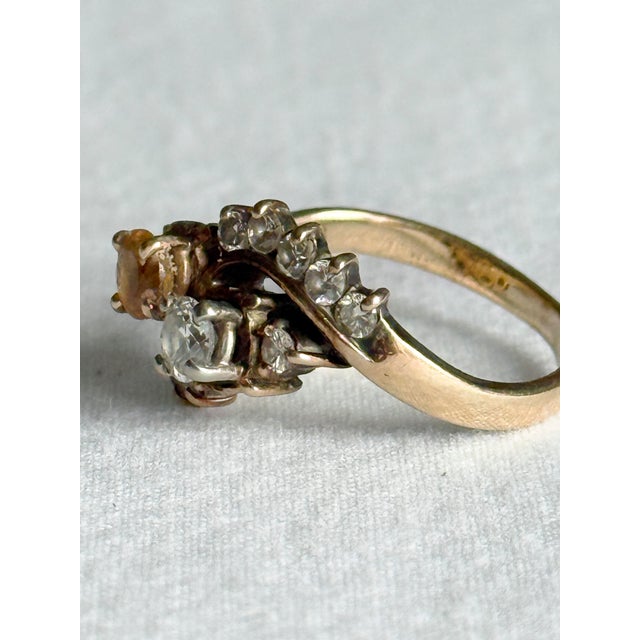 Yellow Vintage 14k Yellow Gold Victorian Revival Golden Beryl & Diamond Bypass Cocktail Ring, Size 7 For Sale - Image 8 of 10