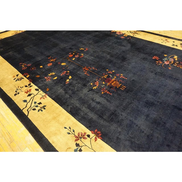 Textile Beige Border and Navy Color Field Underscores Floral Chinoiserie Style Chinese Art Deco Rug For Sale - Image 7 of 12