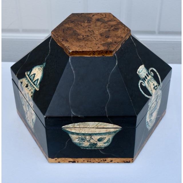 Vtg. Hexagonal Shaped Box With Asian Style Vessels For Sale - Image 10 of 15