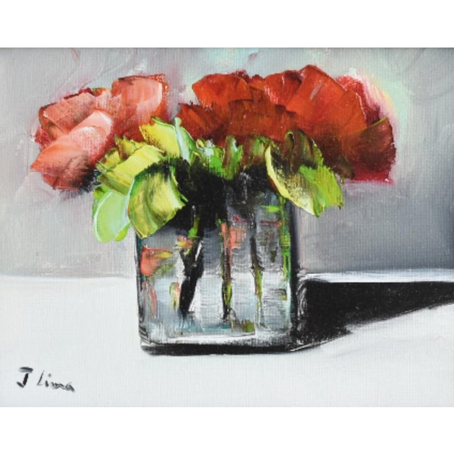 Red Roses Bouquet Flowers in Vase Oil Painting Including the Antiqued Gold Wood Frame For Sale - Image 4 of 7