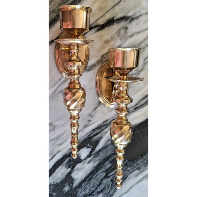 1980s Vintage Traditional Ralph Lauren Style Solid Brass Candle Sconces - A Pair For Sale - Image 5 of 12