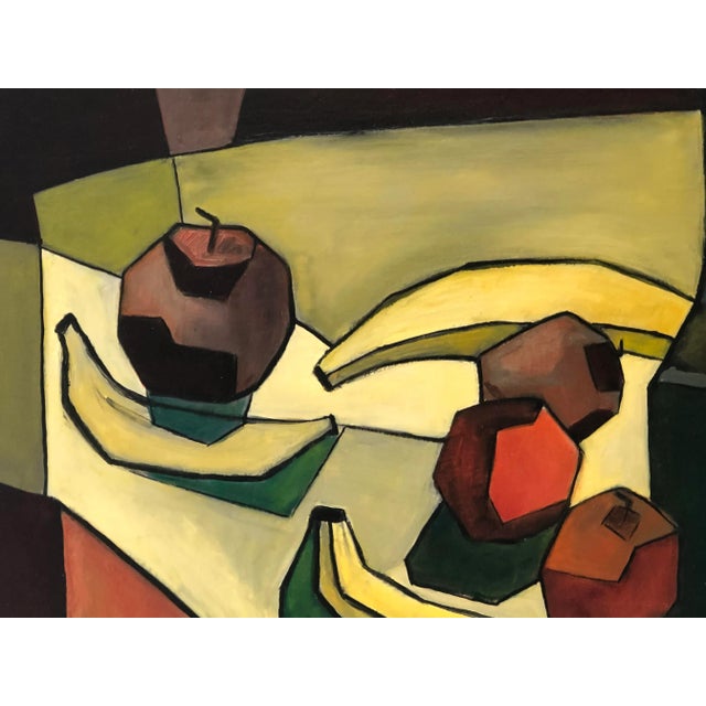 European vintage painting is a Picasso style, lots of greens and purple in different tones. The painting is signed. Framed...