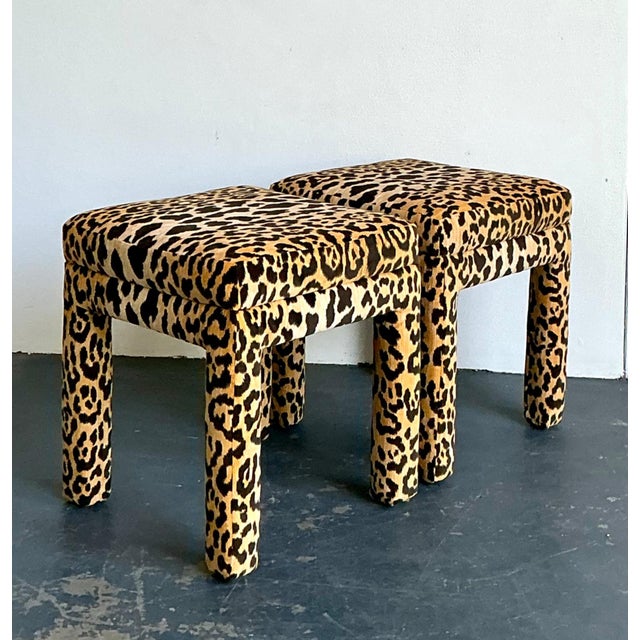 Vintage Leopard Velvet Upholstered Stools - Set of 2 For Sale - Image 15 of 17