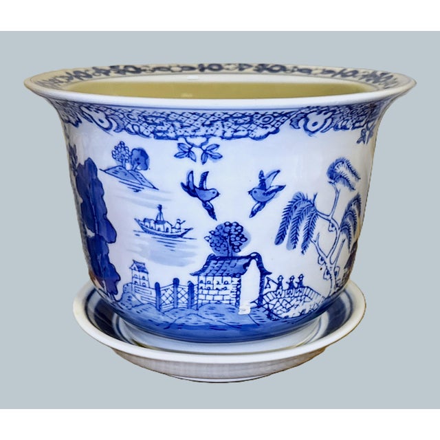 Chinoiserie Vintage Blue and White Chinoiserie Planter W/Tray For Sale - Image 3 of 10