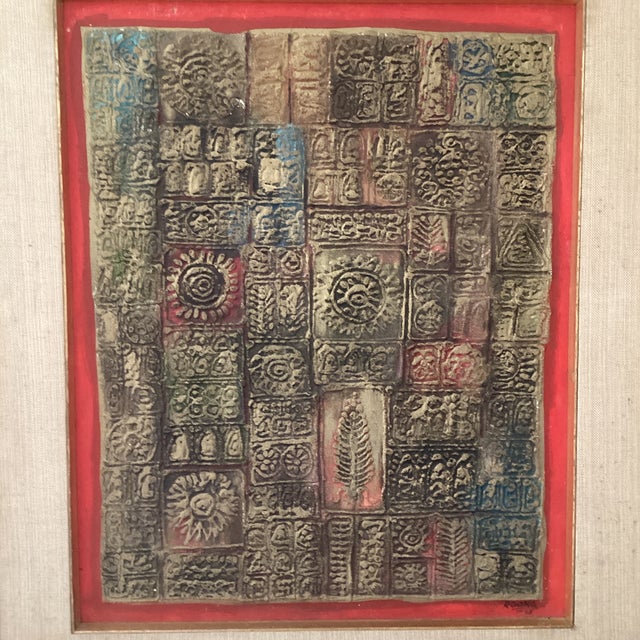 Vintage Asian Style Mixed-Media Abstract Textured Painting by Roong T. Circa 1968 For Sale - Image 11 of 12