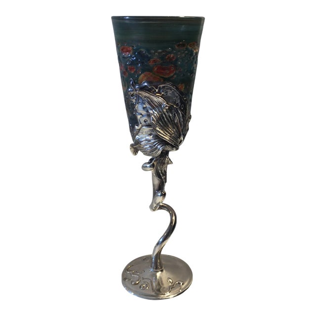 Finely Blown Glass and Silver Metal Goblet For Sale
