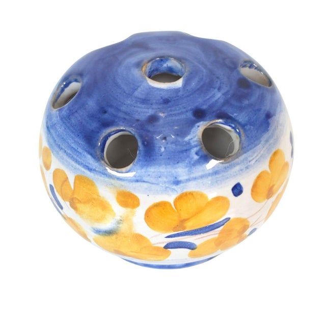Vintage Italian Hand-Painted Blue & Yellow Floral Ceramic Flower Frog Bud Vase For Sale - Image 10 of 13