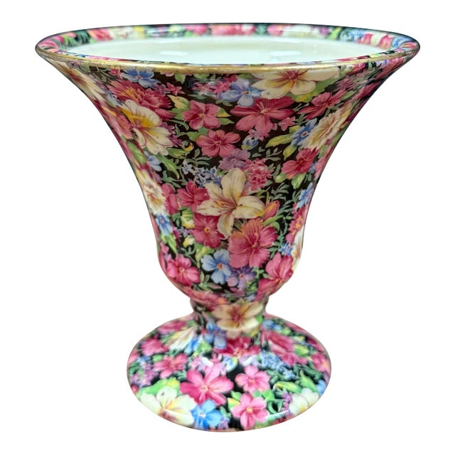 Vintage English Royal Winton Black Chintz Vase For Sale