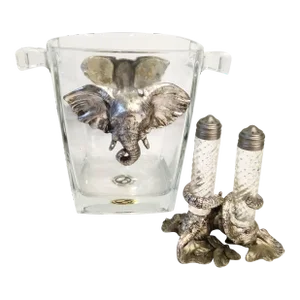 Vintage Arthur Court Silverplated Elephant Glass Ice Bucket, Salt Pepper Shakers Set- 3 Pieces