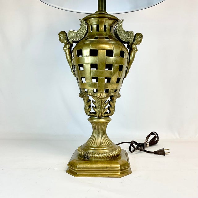 Vintage Art Deco Hollywood Regency Chippendale Winged Nike Greek Goddess Brass Table Lamp, New Pleated Shade For Sale - Image 4 of 14