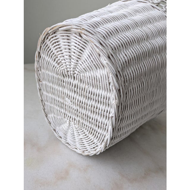 Farmhouse Vintage White Woven Wicker Wastebasket For Sale - Image 3 of 4