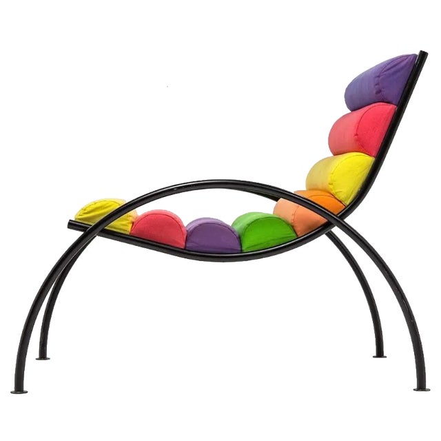 Armchair in Black Lacquered Iron with Colored Fabric Cylinders, 1980s For Sale