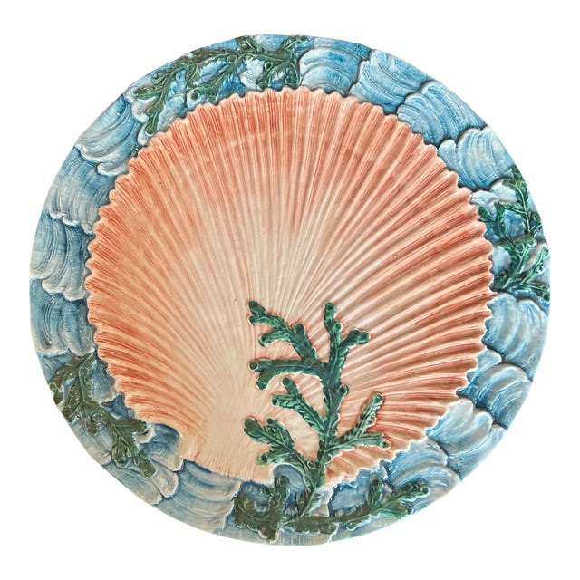 Vintage Handpainted Italian Scallop and Seaweed Majolica Platter For Sale