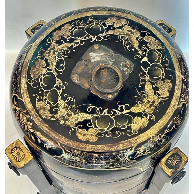 Qing Dynasty Chinese Black and Gold Lacquer Multi-Tiered Wedding Box For Sale - Image 9 of 18