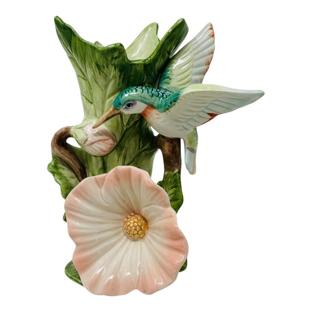 Vintage Fitz and Floyd Hummingbird Hibiscus Flower Vase, 1987 F&f Hand Painted Porcelain For Sale