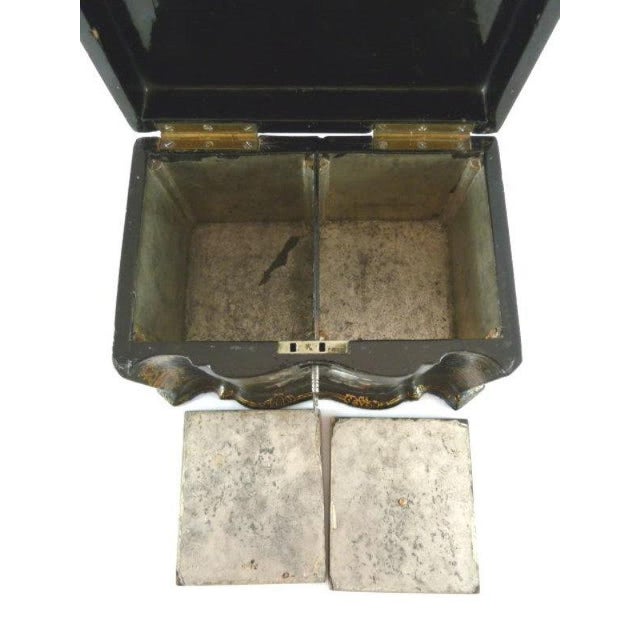 Antique Papier Mache Tea Caddy / Mother of Pearl Abalone Inlay / Bird & Floral C. 1850