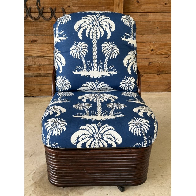 Vintage Braxton Culler Stacked Rattan Swivel Lounge Slipper Chair in Thibaut Fabric For Sale In Naples, FL - Image 6 of 13