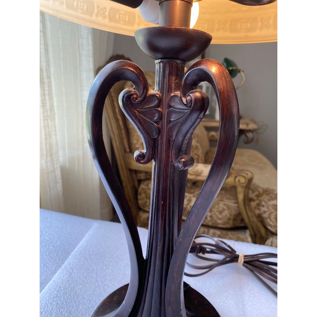 Vintage Art Deco Style Table Lamp, Ornate Dark Bronze Metal Base, Amber Glass Dome Shade, 24” Tall For Sale - Image 12 of 12