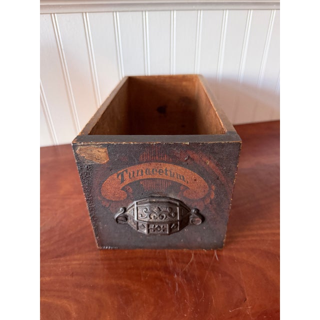 Antique Apothecary Drawer – Tunacetum Label – Original Hardware – Dovetail Construction – Primitive Pharmacy Storage For Sale - Image 9 of 13