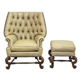 Wingback Leather Chair With Ottoman For Sale