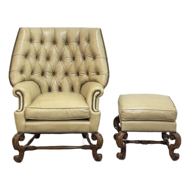 Wingback Leather Chair With Ottoman For Sale