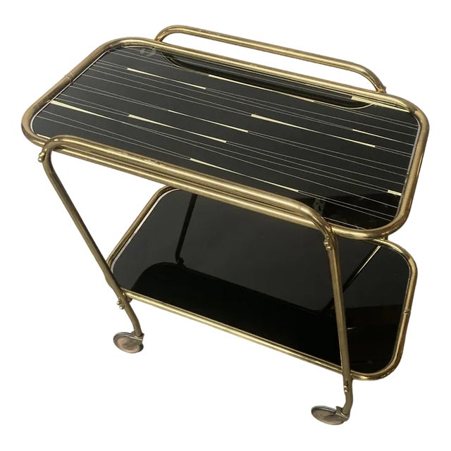 Brass and Tainted Glass Serving Trolley, 1960s For Sale