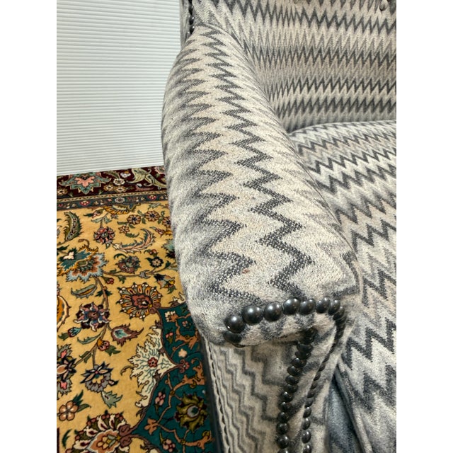 Chevron Printed Wool Felt Wingback Chair For Sale - Image 11 of 12