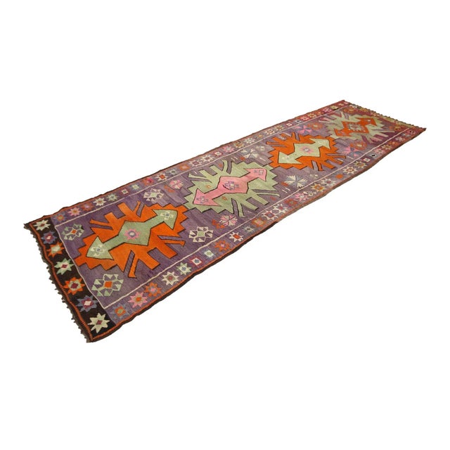 Boho Chic Purple & Orange Vintage Kilim Runner For Sale - Image 3 of 7