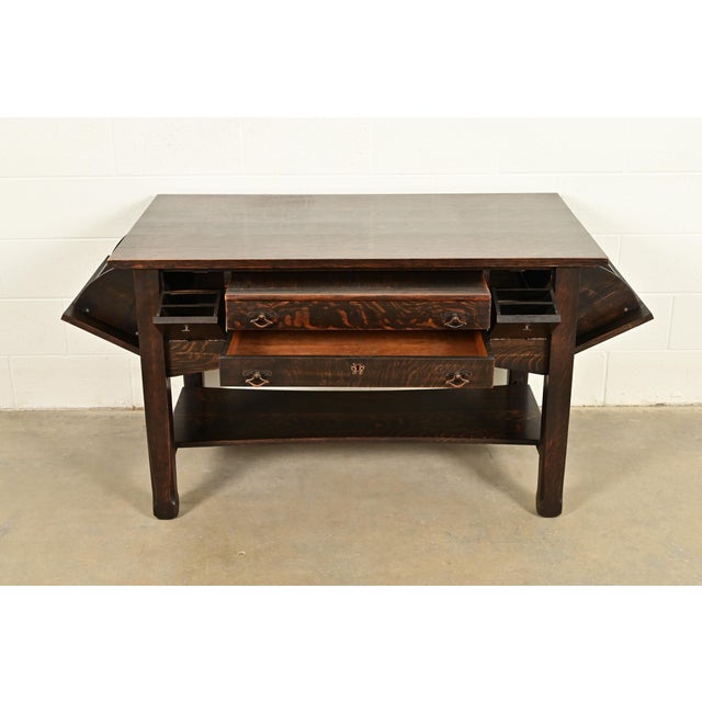 Early 20th Century Stickley Brothers Style Antique Mission Oak Arts & Crafts Desk or Library Table, Circa 1910 For Sale - Image 5 of 18