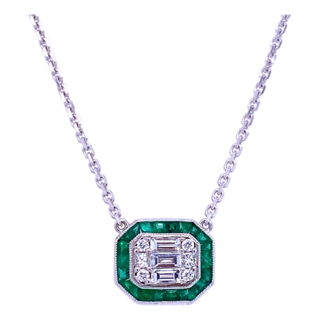 Art Deco - Inspired Design Emerald & Diamond Pendant Necklace For Sale