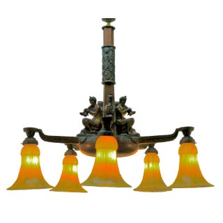 Large Art Deco Cast Bronze Chandelier For Sale