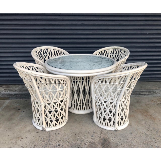 Vintage Rattan Wicker Table and 4 Chairs Dining Set | Chairish