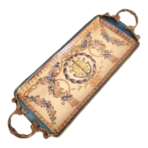 Vintage Ceramic Elegant Teal Tassel Royal Dalton Regal Style Brass Handle Narrow Trinket Tray