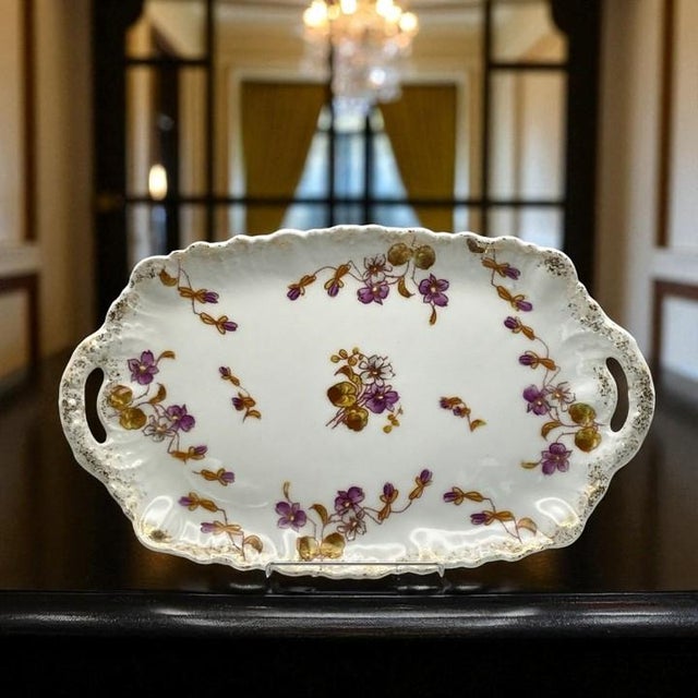 Ak CD Limoges Hand Painted Porcelain Rectangular 13.5” Antique Tray/Platter With Handles (Klingenberg/Dwenger France 1900s) For Sale In Philadelphia - Image 6 of 18