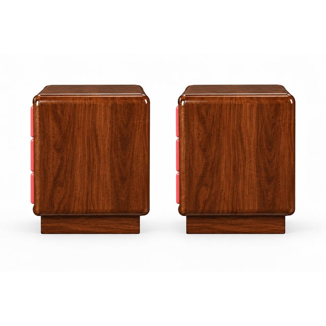 Postmodern Pair of Postmodern Three-Drawer Nightstands — Rich Walnut & Salmon Finish For Sale - Image 3 of 5