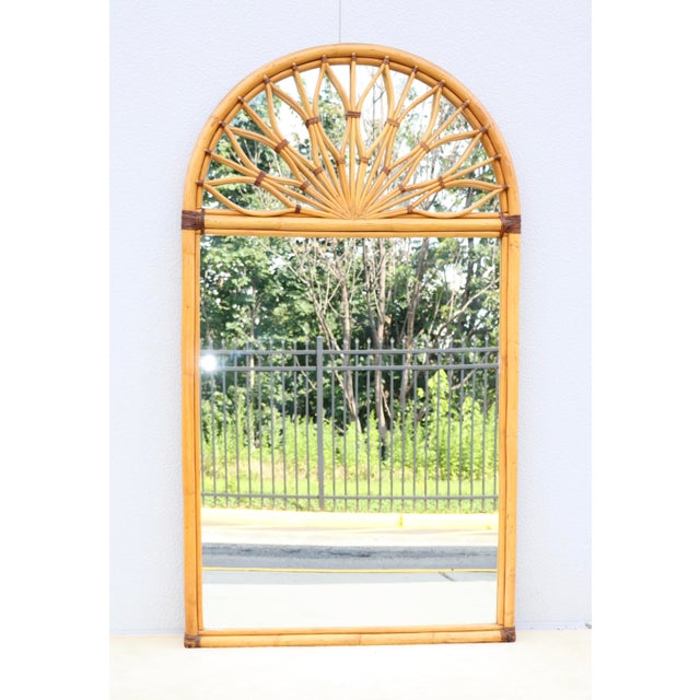 Beautiful large oversized wall or floor mirror with dome top made of rattan and bamboo, in vintage original condition,...