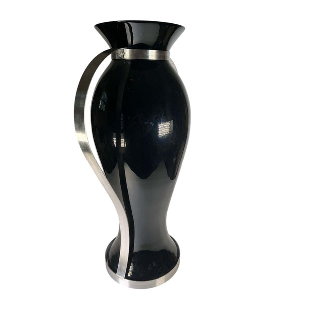 2010s Contemporary Black Glass Vases With Stainless Steel - A Pair For Sale - Image 5 of 8