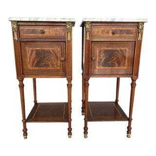 Pair of Antique French Marble Marquetry Bedside Cabinets or High End Tables For Sale
